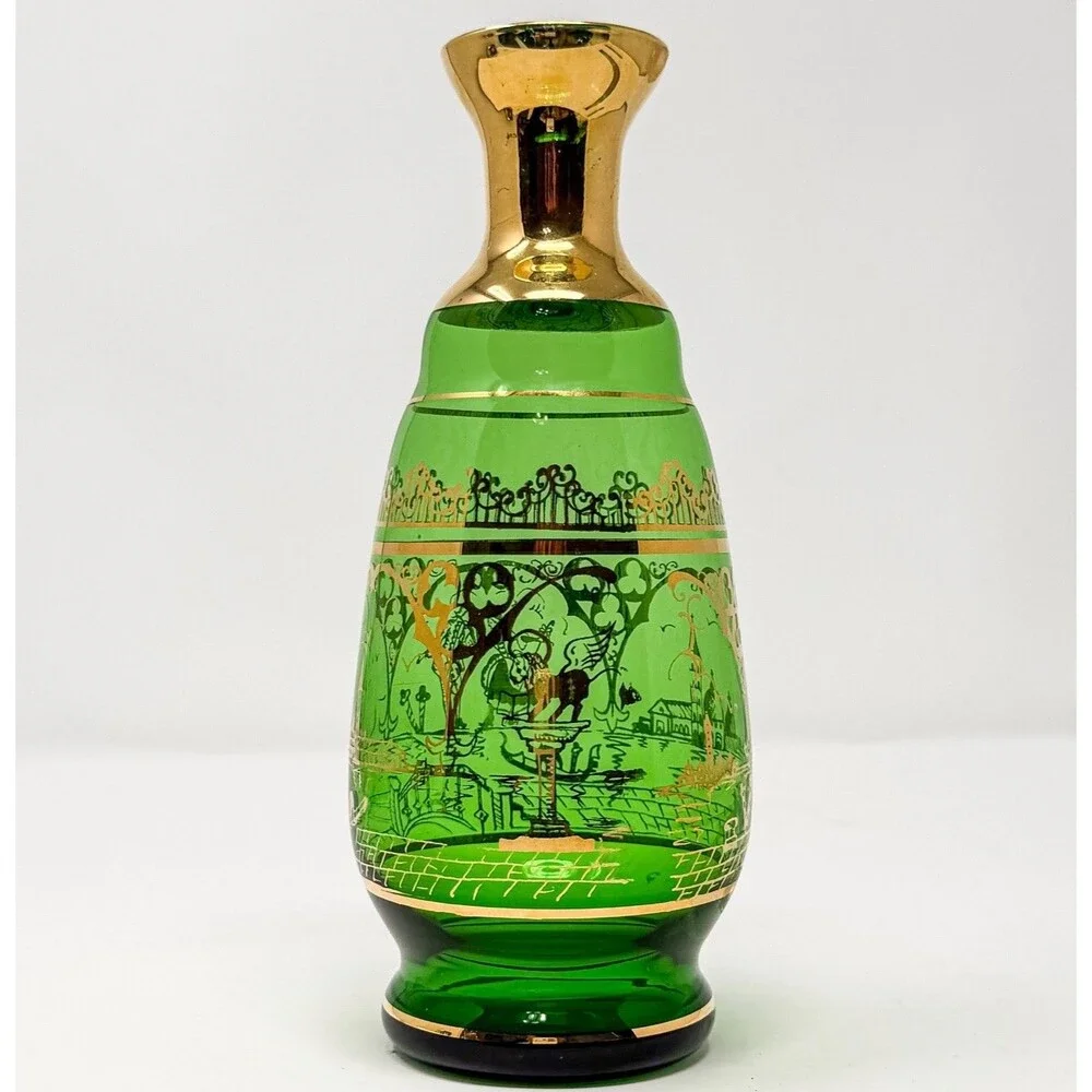 Vintage Bohemian Green Glass Vase Gold Enamel Courting Scene Czech